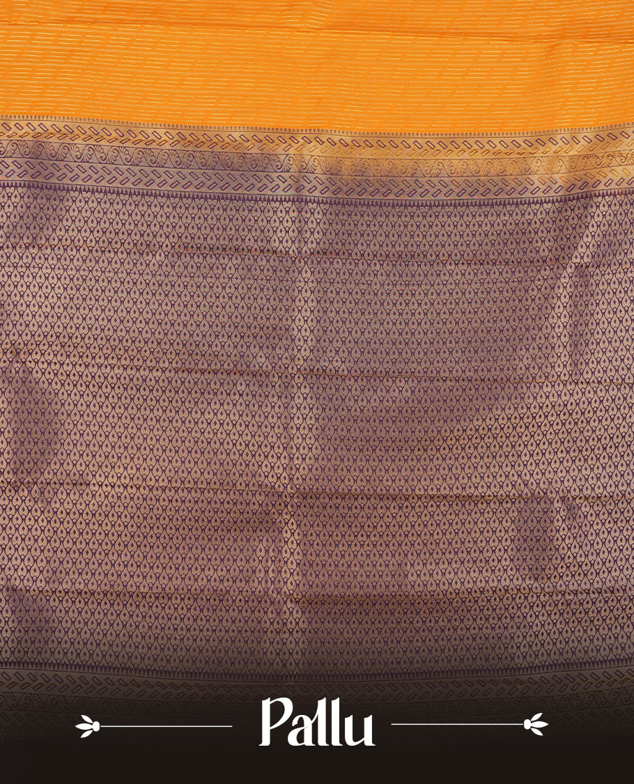 Marigold colour Semi Silk Saree with gold zari striped patterns on the body with self coloured border, paired with a contrasting dark purple colour traditional pallu, and a matching blouse piece.