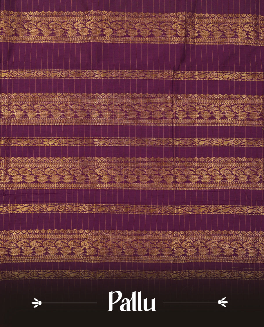 Bright Green coloured mixed Kalyani cotton saree featuring golden zari checks on the body, complemented by a rich grape coloured border and pallu adorned with golden zari patterns, Paired with a matching blouse.