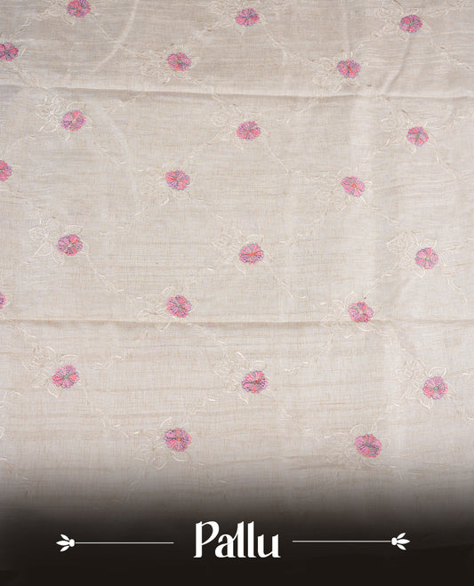 Cream colour semi tuseer silk saree featuring with Self colour thread embroidery kodi pattern & Pink colour floral thread motifs all over body, pallu, and paired with matching blouse piece.