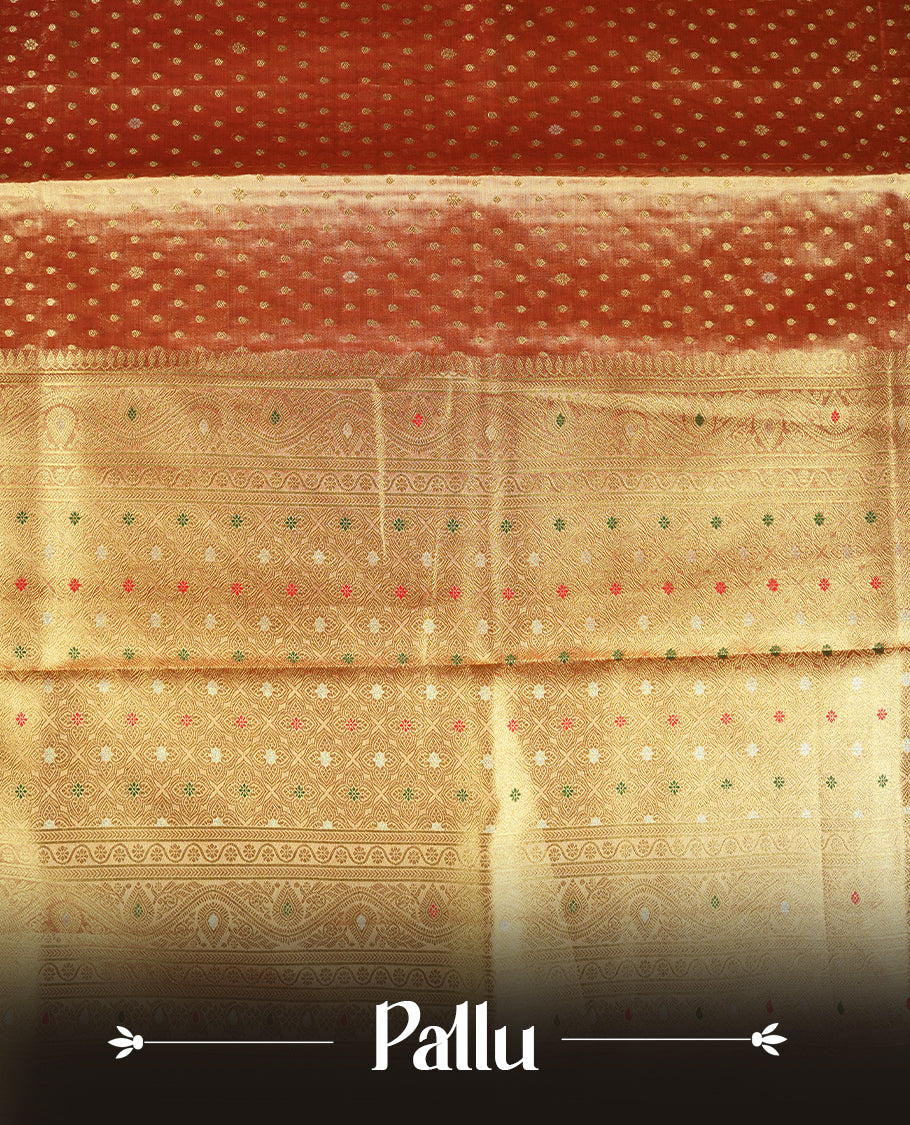 Orange & Gold double shade colour tissue banaras silk saree featuring antique gold zari motifs on the body with rich traditional zari border and pallu, paired with a matching blouse piece.