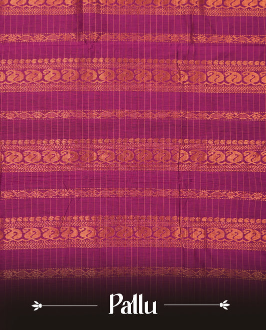 Khaki coloured mixed Kalyani cotton saree featuring copper zari checks on the body, complemented by a rich grape coloured border and pallu adorned with copper zari patterns, Paired with a matching blouse.