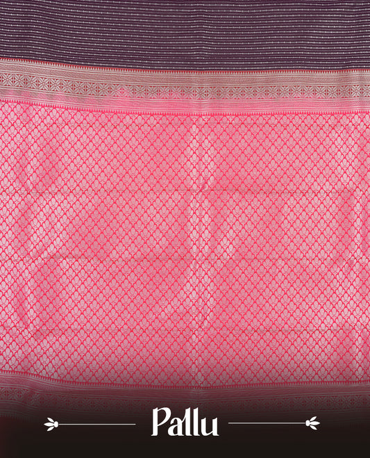 Eggplant Purple Colour Semi Silk Saree with Silver Horizontal Striped Body, Contrasting Coral Pink Silver Zari Pallu & Border, Diamond Lattice Motifs, and Matching Blouse Piece