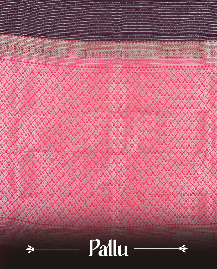 Eggplant Purple Colour Semi Silk Saree with Silver Horizontal Striped Body, Contrasting Coral Pink Silver Zari Pallu & Border, Diamond Lattice Motifs, and Matching Blouse Piece