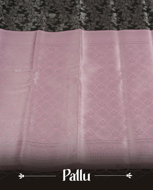 Charcoal Black colour Semi Silk Saree with Silver Zari Floral Self-Weave on the Body, Contrasting Pastel Mauve Zari Woven Pallu and Border with Intricate Geometric Motifs and Tassels, Paired with Coordinated Blouse Piece