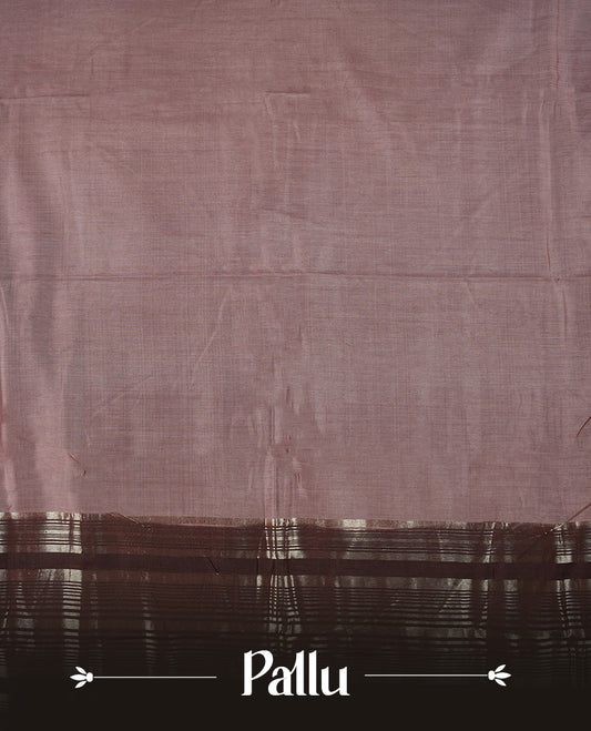 Dusty pink and brown colour mixed chanderi cotton saree with plain body, deep brown pallu, silver zari striped border, matching brown blouse.