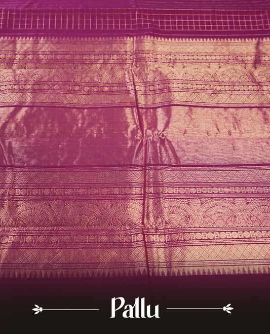 Magenta colour pure Kanchi cotton saree featuring with delicate golden checks on body, paired with a contrasting violet zari woven border & Includes a matching blouse piece for a complete look.