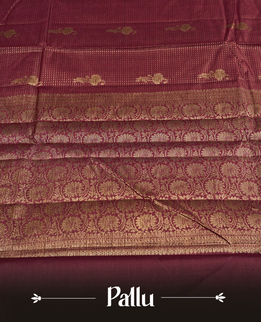Maroon colour pure banarasi tussar Saree with antique design & golden motifs on the body, accentuated with an elegant traditional border, rich woven pallu and matching blouse piece.
