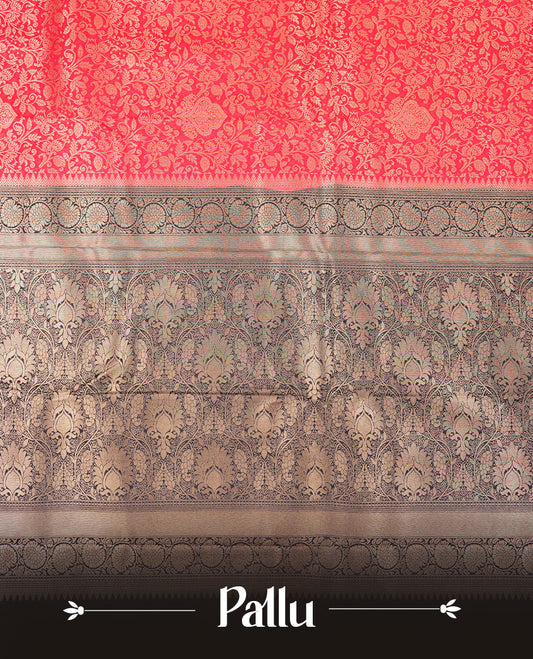 Red colour semi silk brocade saree featuring intricate Gold Floral kodi patterns across the body, complemented by a contrast navy blue colour woven border and pallu, paired with a matching blouse.