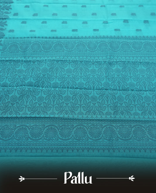 Sky blue colour silk cotton saree featuring elegant floral zari motifs on the body, complemented by a rich contrast dark plain border and pallu with traditional woven detailing & Comes with a matching blouse piece.