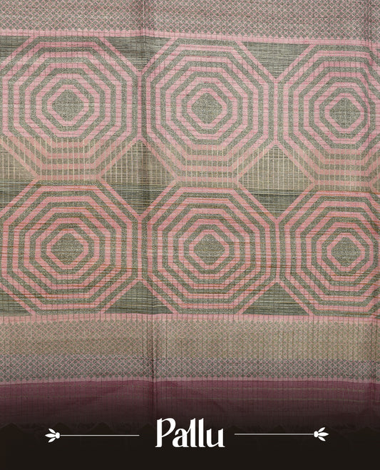 Pink colour semi tussar silk saree, featuring subtle hexagonal geometric patterns across the body, a textured pallu with fine detailing, and finished with a matching blouse.