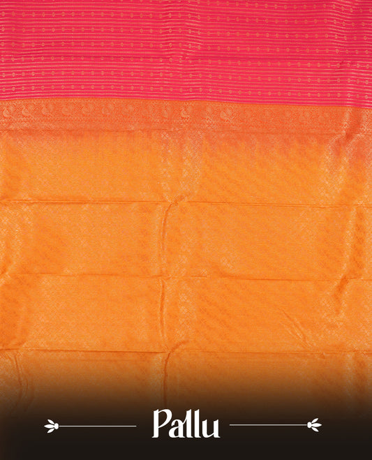 Rani pink colour Semi Silk Saree with gold zari striped patterns on the body, paired with a contrasting mustard traditional pallu and border, and a matching blouse piece.
