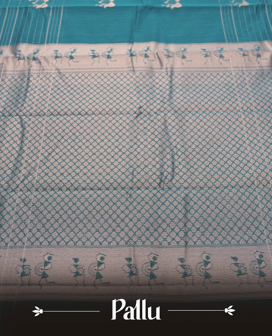 Teal Green colour Silk Cotton Saree with Silver Warli Motifs and Fine Stripes on the Body, Contrasting Silver Zari Pallu Featuring Allover Geometric Pattern and Warli Procession Border, Finished with a Purple Selvedge and Coordinated Blouse Piece