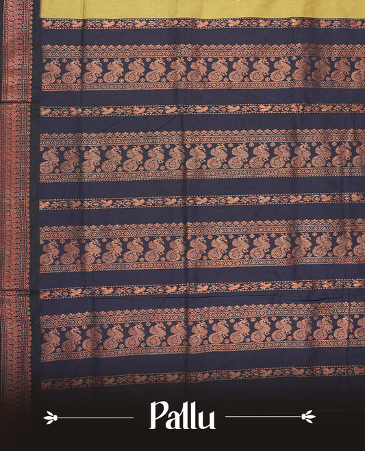 Sand colour Kalyani Cotton saree with subtle zari woven motifs all over, paired with a contrasting deep navy blue rich copper zari border and pallu & Comes with a matching blouse piece.