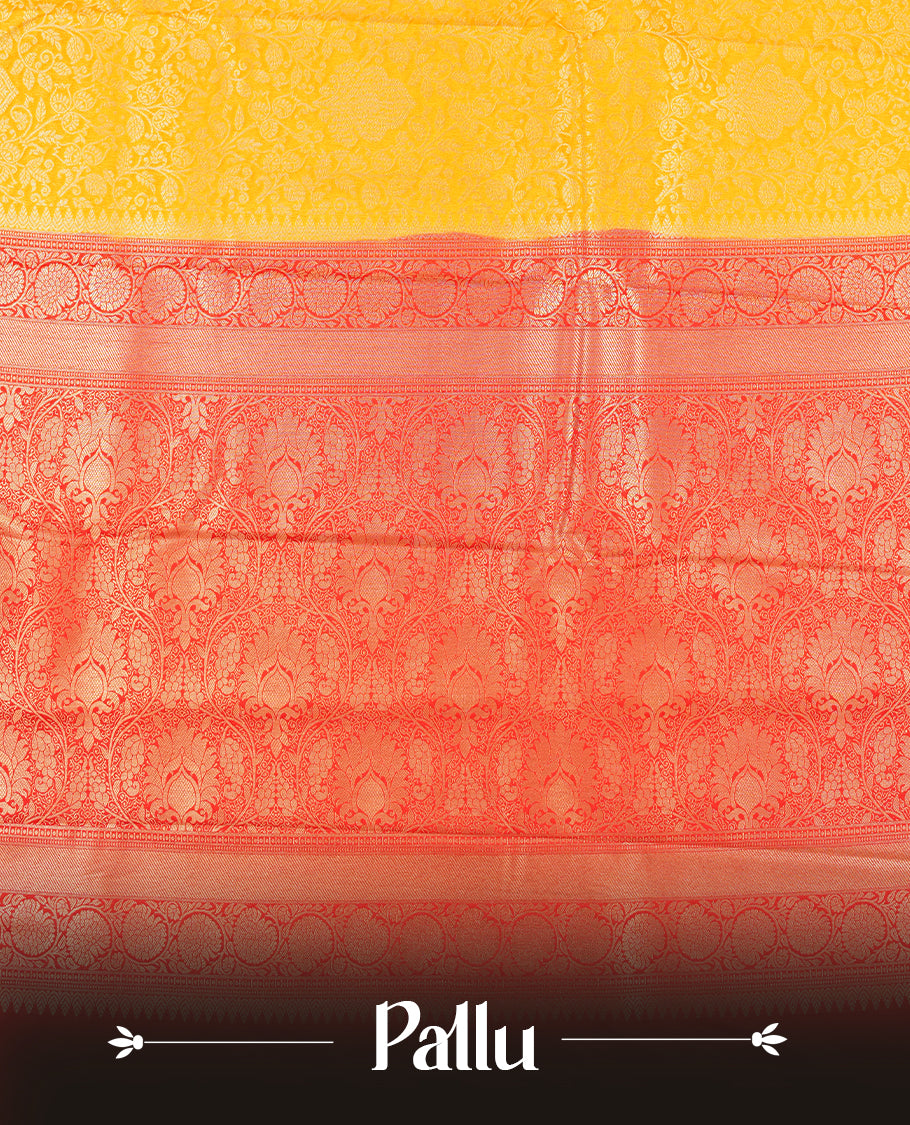 Yellow colour semi silk brocade saree featuring intricate Gold Floral kodi patterns across the body, complemented by a Contrast red colour woven border and pallu, paired with a matching blouse.
