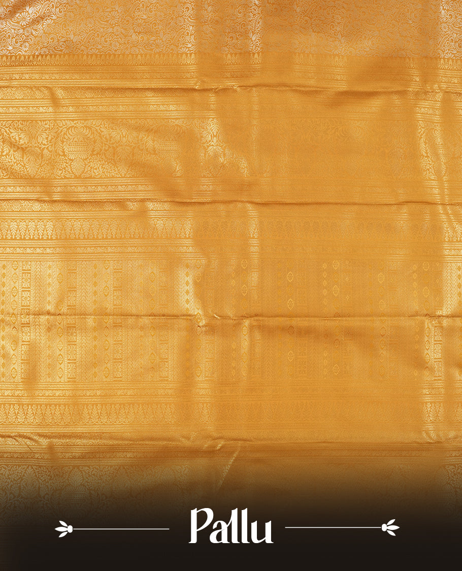 Yellowish Gold colour and silver Zari Tissue Brocade Saree features intricate floral Motifs on body and golden colour traditional border & pallu, paired with matching blouse