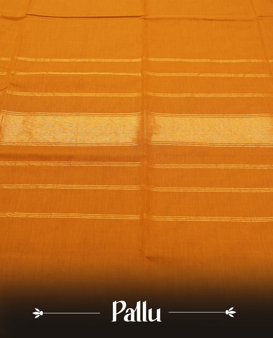 Orange Silk Cotton Saree with Plain Body, Accented by Gold Zari Geometric Border on Orange and Gold Striped Pallu, Paired with Matching Blouse Piece