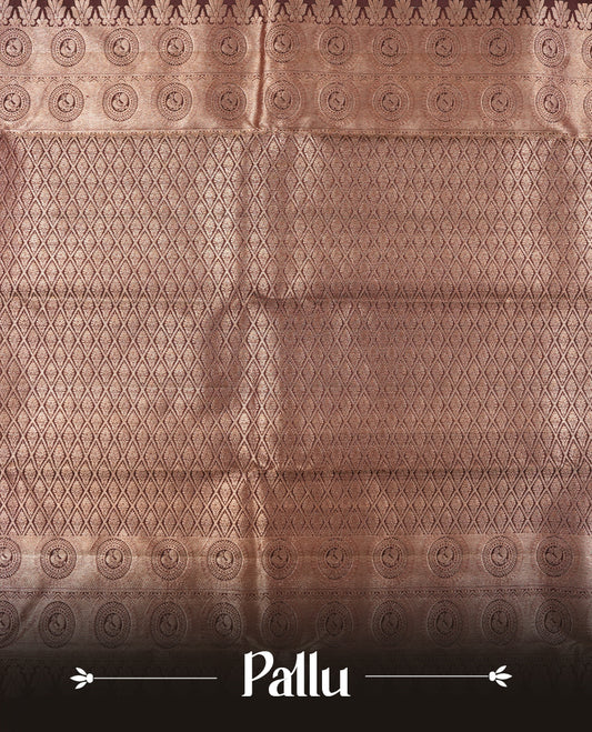 Chocalate brown colour Kanchipuram Samudrika Silk Saree featuring Floral kodi pattern weaving with gold zari jacquard and a traditional zari border, paired with a matching designer jacquard blouse piece