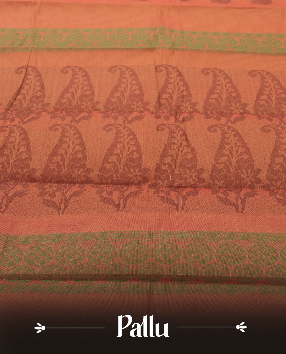 Coral Silk Cotton Saree with Sage Green and Burgundy Butta Body, Accented by Sage Green and Gold Zari Ornamental Border on Burgundy Pallu, Paired with Matching Blouse Piece