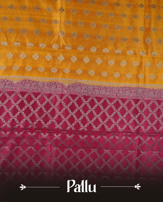 Yellow colour Pure tussar Banarasi saree featuring Gold zari motifs on body, by contrast magenta purple colour with gold zari border, and a matching blouse piece.