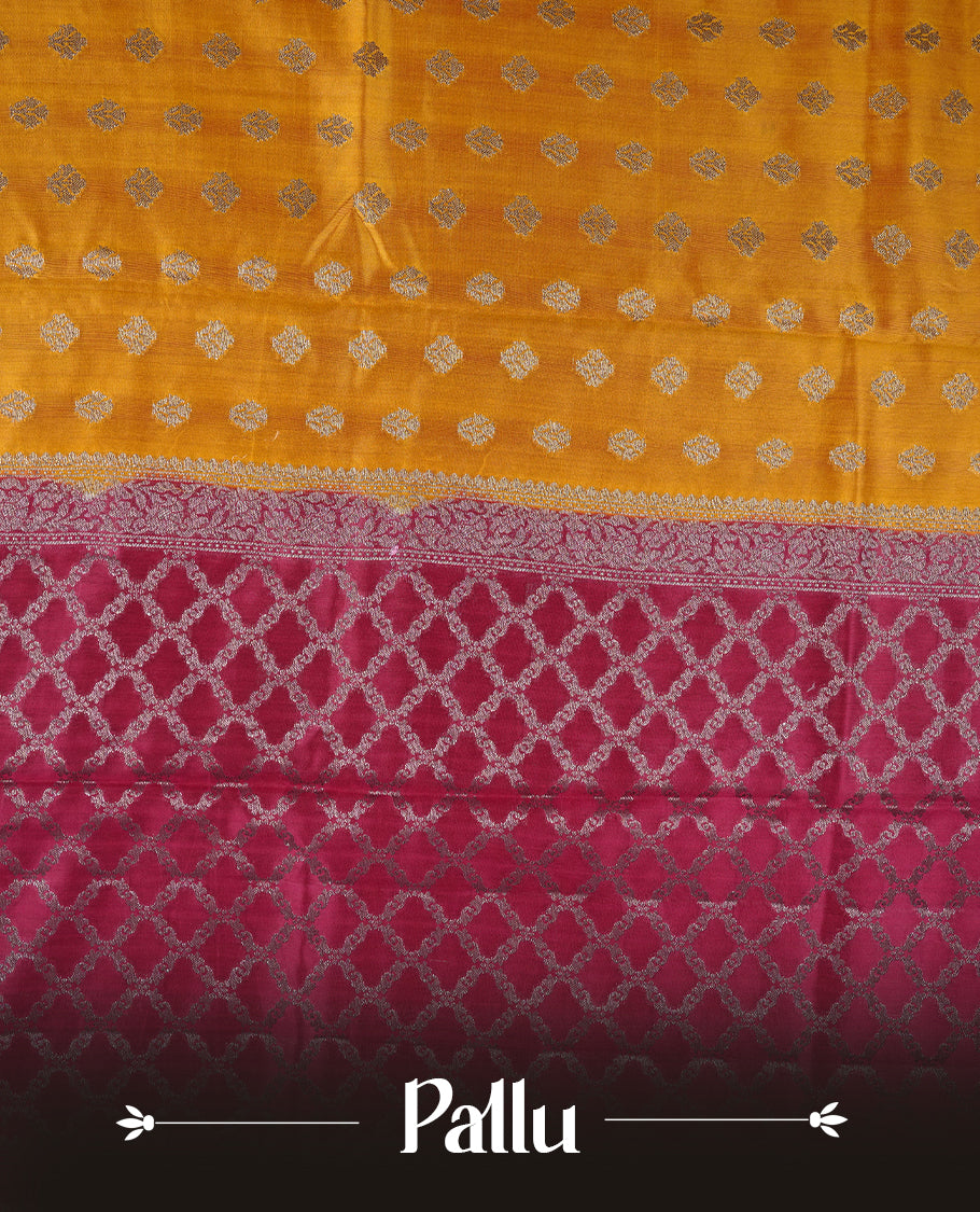 Yellow colour Pure tussar Banarasi saree featuring Gold zari motifs on body, by contrast magenta purple colour with gold zari border, and a matching blouse piece.