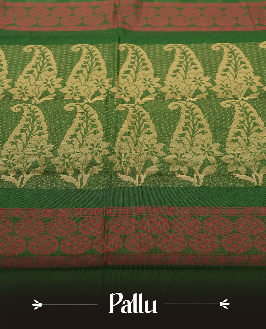 Emerald Green colour Silk Cotton Saree with Dual-Tone Zari Butta Motifs on the Body, Contrasting Antique Gold Tissue Border Accented with Maroon Selvedge, and a Coordinated Matching Blouse Piece