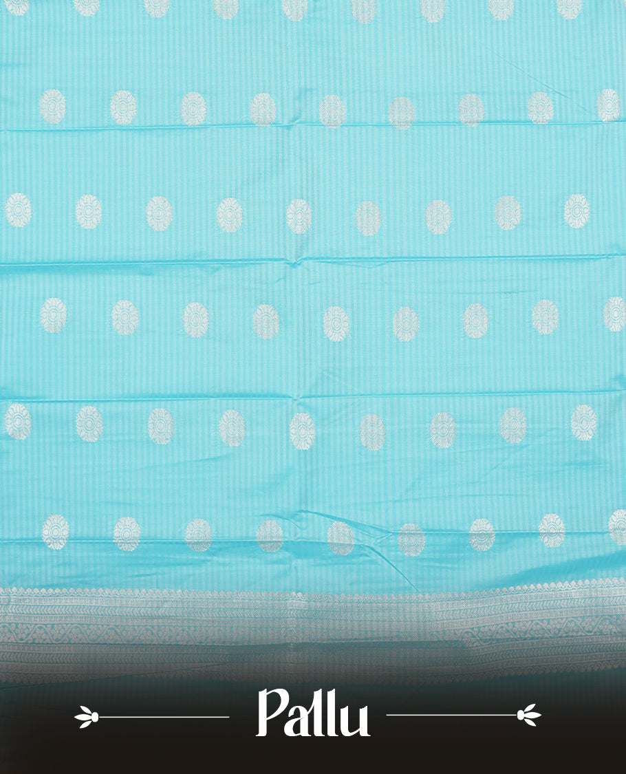 Bright light blue colour Semi Silk Saree with silver zari checks on the body, complemented by a self coloured pallu and border woven in silver zari, paired with a matching blouse piece.