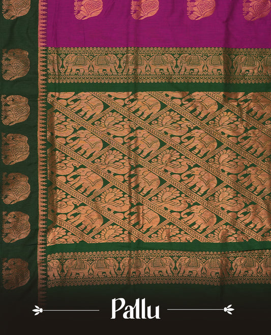 Purple colour Kalayani cotton saree featuring majestic copper zari elephant motifs on the body, paired with a contrasting green border and pallu adorned in intricate traditional designs with matching blouse