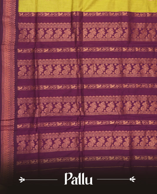 Lemon green colour Kalyani Cotton saree with delicate woven zari golden motifs all over, paired with a contrasting wine border and pallu intricately woven with rich zari & Comes with a matching blouse piece.