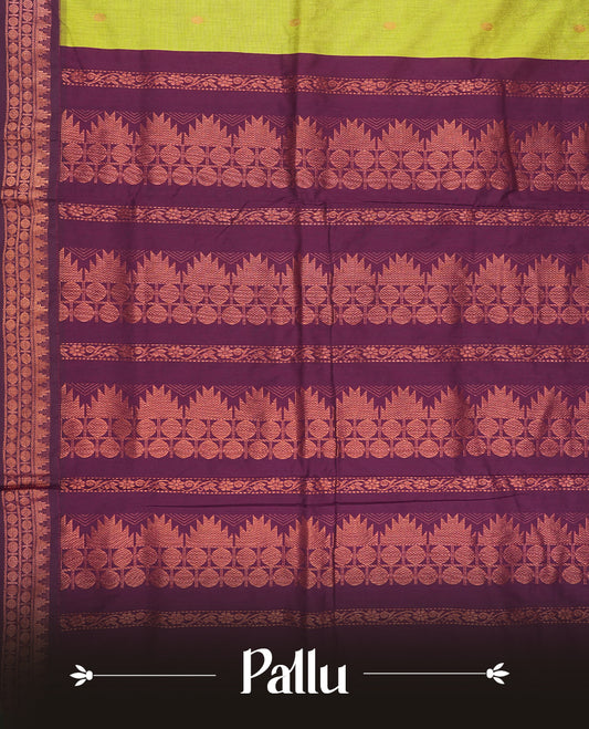 Lemon green colour Kalyani Cotton saree with delicate woven zari motifs all over, paired with a contrasting wine border and pallu intricately woven with rich copper zari & Comes with a matching blouse piece.
