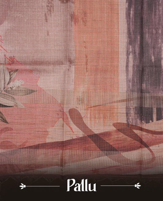 Coral Peach colour semi tussar silk saree featuring floral print across body, contrast peach colour border and pallu, paired with matching blouse piece.