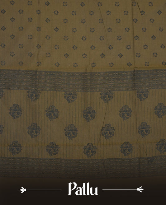 Dark Brown colour poly cotton saree with black floral butti motifs on the body, paired with a matching pallu featuring black ornate floral jaal and stripes on the border, and a coordinated all‑over black paisley printed blouse piece. (Copy)