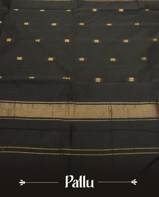 Black colour Silk Cotton Saree with Tiny Gold Zari Star Buttas on the Body, Antique Gold Tissue Panel on the Pallu, Slim Floral Zari Borders, and a Plain Black Blouse with Matching Border