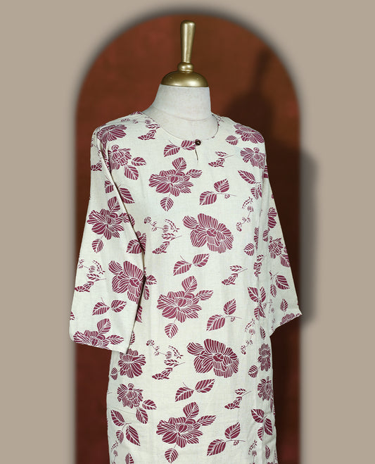 Off white colour cotton cord set featuring a straight kurta with lavender floral prints and 3/4th sleeves, paired with plain matching bottoms.