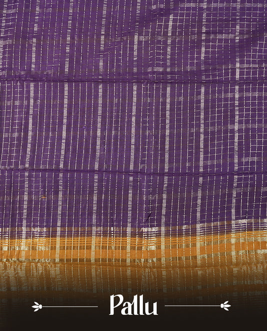 Purple colour mixed chanderi cotton saree with silver zari checkered body, mustard-golden pallu with grid pattern, golden zari border, and matching blouse