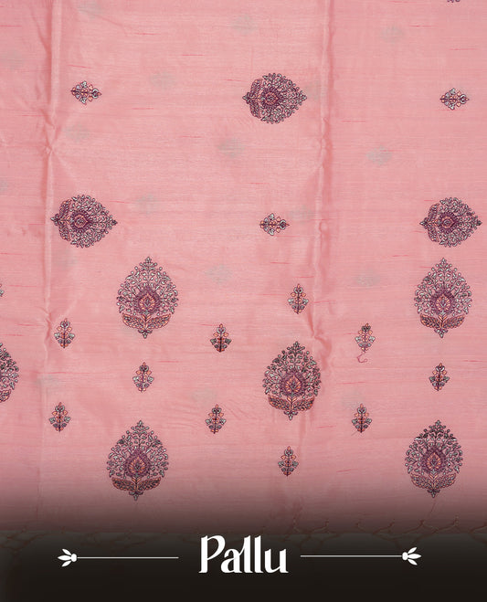 Baby Pink colour semi tusser silk saree featuring Floral thread embroidery across body, without border and paired with matching blouse.