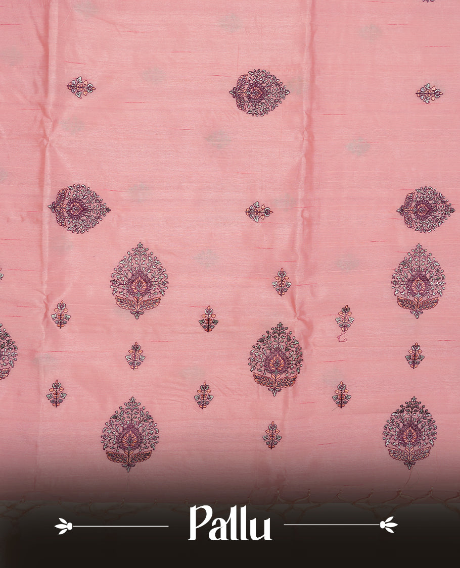 Baby Pink colour semi tusser silk saree featuring Floral thread embroidery across body, without border and paired with matching blouse.