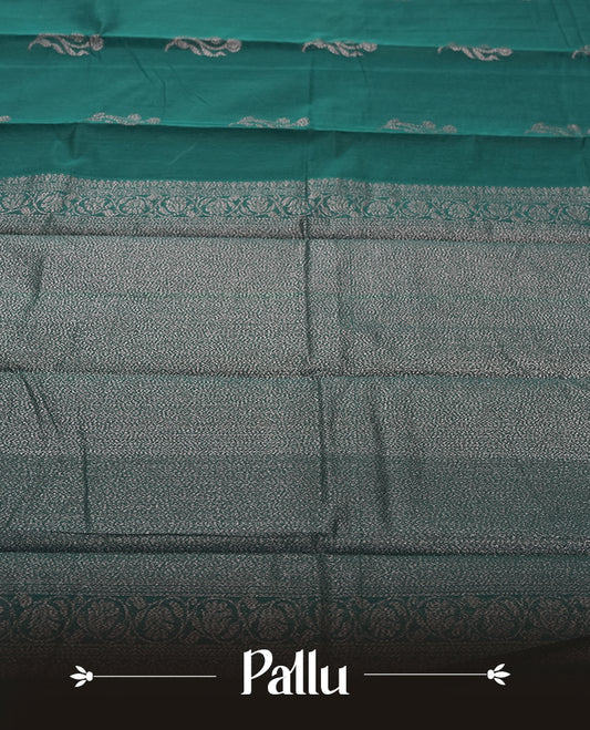 Deep Teal Colour Silk Cotton Saree with Dark Silver Floral Butta Body, Contrasting Dark Silver Zari Pallu & Border, Floral Vine Motifs, and Matching Plain Woven Blouse Piece