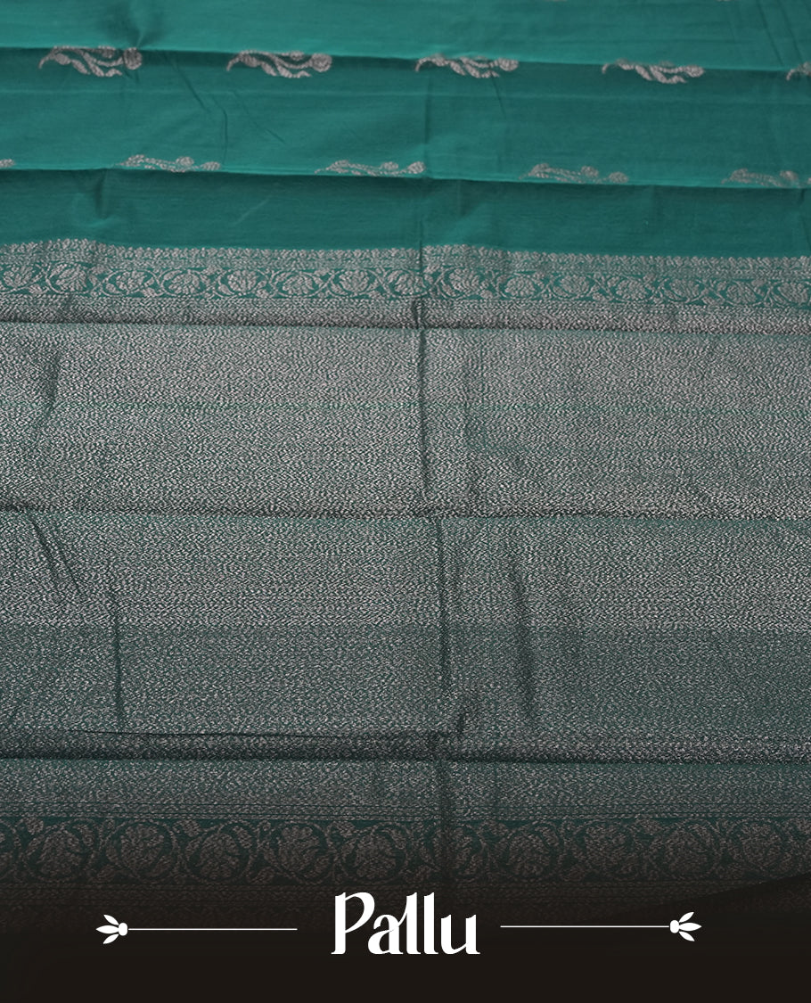 Deep Teal Colour Silk Cotton Saree with Dark Silver Floral Butta Body, Contrasting Dark Silver Zari Pallu & Border, Floral Vine Motifs, and Matching Plain Woven Blouse Piece