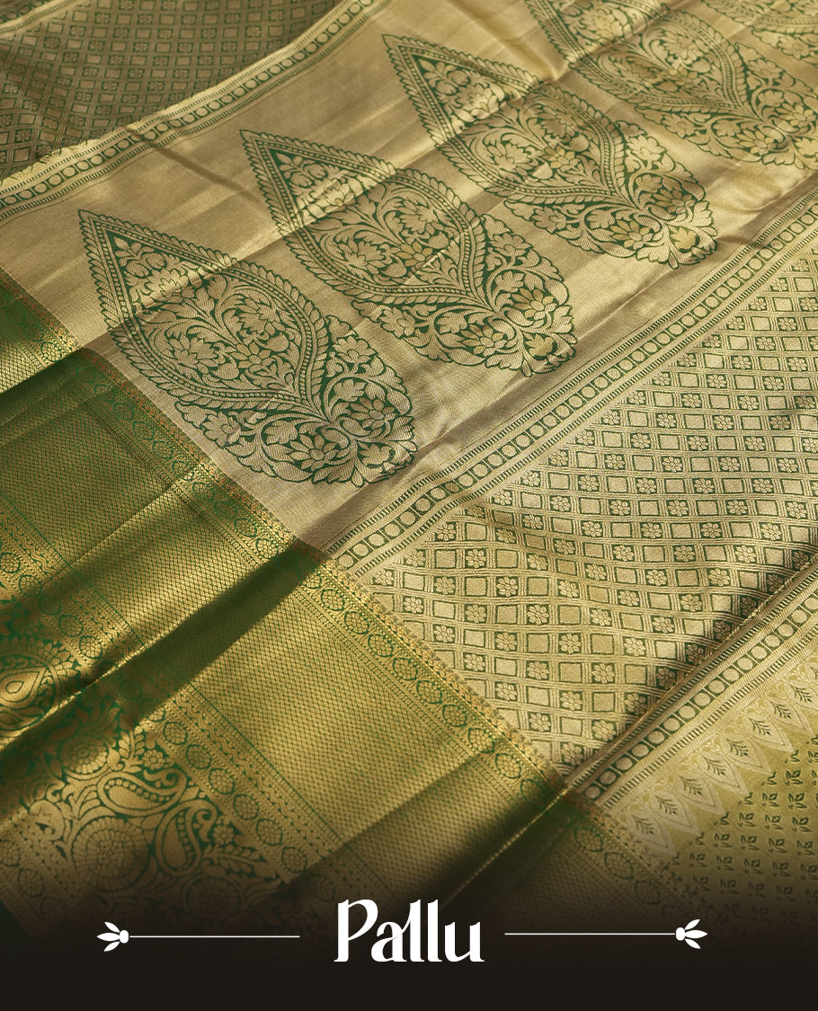 Flamingo Pink colour and Antique silver Zari Tissue Brocade Saree features intricate coloured floral Motifs on body and a green colour with traditional border & pallu, paired with matching blouse