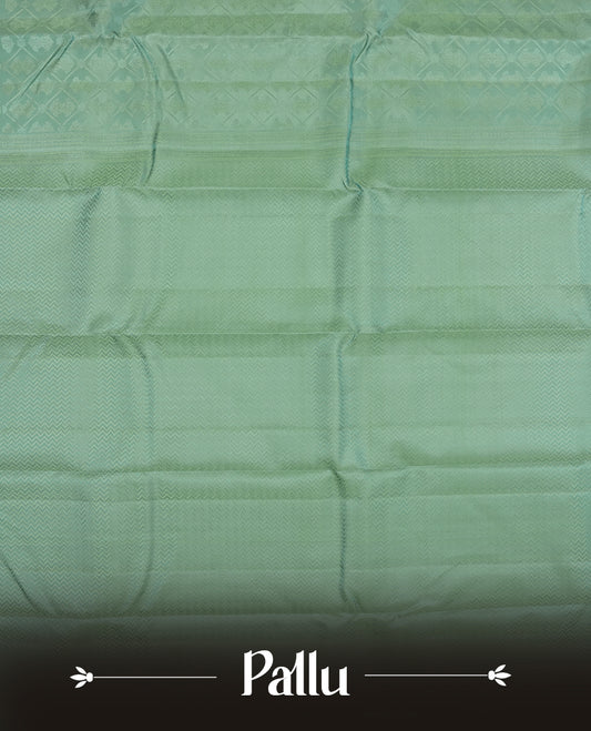 Mint Green colour semi soft silk saree featuring a self coloured textured square motufs on body, complemented by self coloured Square motifs pallu & border and a matching blouse piece.