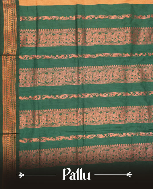 Pastel Orange colour Kalyani cotton saree with intricate small motifs all over, paired with a contrasting dark green rich zari woven border and pallu & Comes with a matching blouse piece