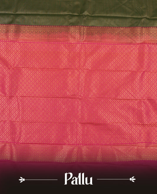 Green colour Semi Silk Saree with Plain Textured Body, Contrasting Magenta Pink Golden Zari Pallu & Border, Traditional Diamond Motifs, and Matching Blouse Piece