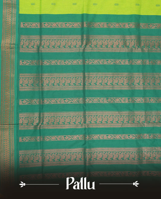 Lemon green colour Kalyani Cotton saree with delicate woven zari motifs all over, paired with a contrasting green border and pallu intricately woven with rich copper zari & Comes with a matching blouse piece.