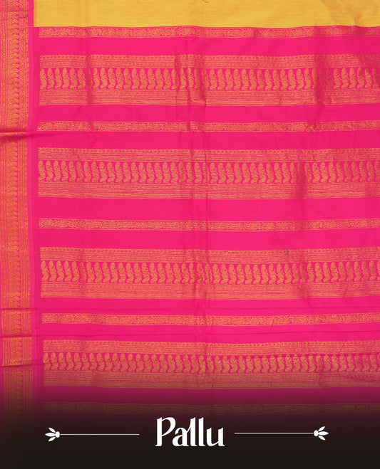 Royal yellow colour Kalyani cotton saree with vibrant pink contrast zari border, beautifully adorned with intricate weaving & Paired with blouse.
