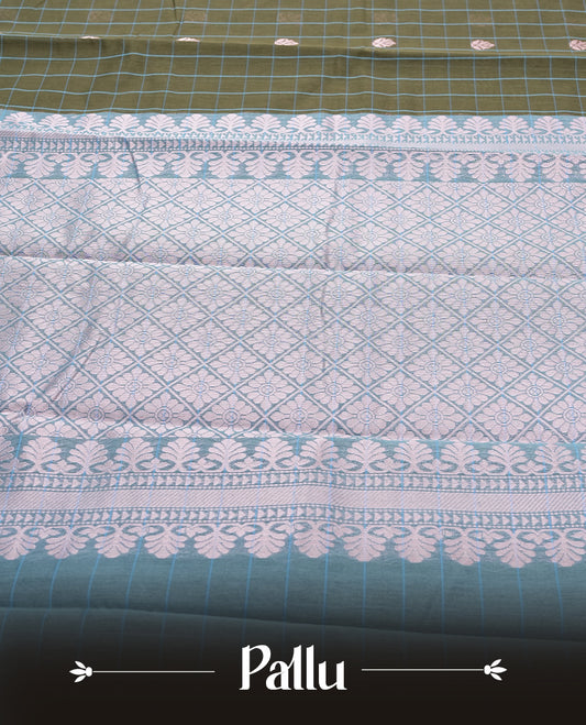 Olive Green Silk Cotton Saree with Silver Butta Body, Accented by Teal and Silver Zari Geometric Border on Teal Pallu, Paired with Matching Blouse Piece