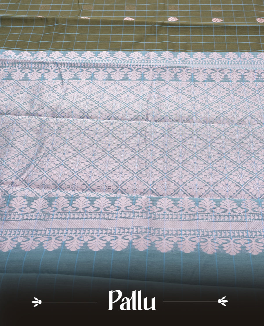 Olive Green Silk Cotton Saree with Silver Butta Body, Accented by Teal and Silver Zari Geometric Border on Teal Pallu, Paired with Matching Blouse Piece