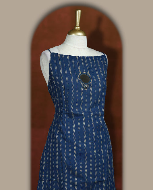 Navy blue colour cotton coord set with handblock arrow print, sleeveless A line kurta, and wide leg pants & Features mirror work on the neckline.