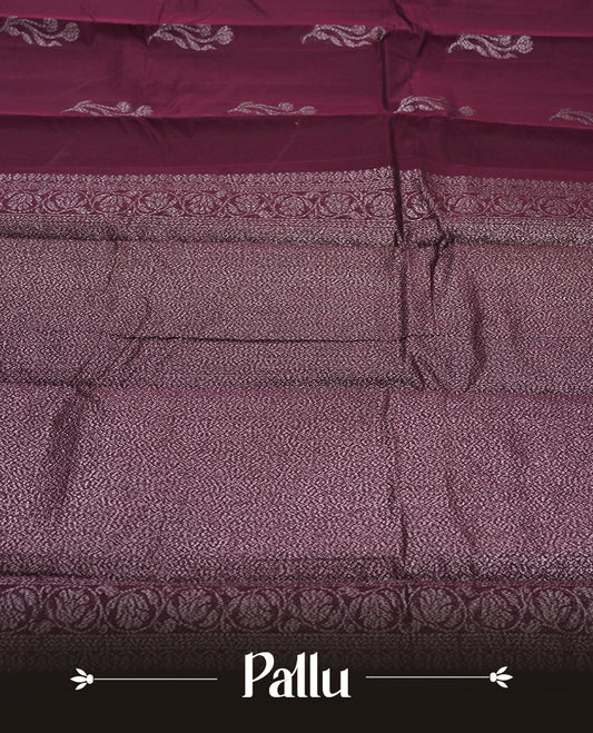 Dark Purple Colour Silk Cotton Saree with Dark Silver Floral Butta Body, Contrasting Dark Silver Zari Pallu & Border, Floral Vine Motifs, and Matching Plain Woven Blouse Piece