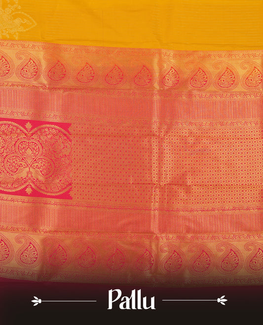 Yellow Colour Semi Silk Saree with Golden Striped Body, Contrasting Pink Golden Zari Pallu & Border, Paisley Motifs, and Matching Blouse Piece