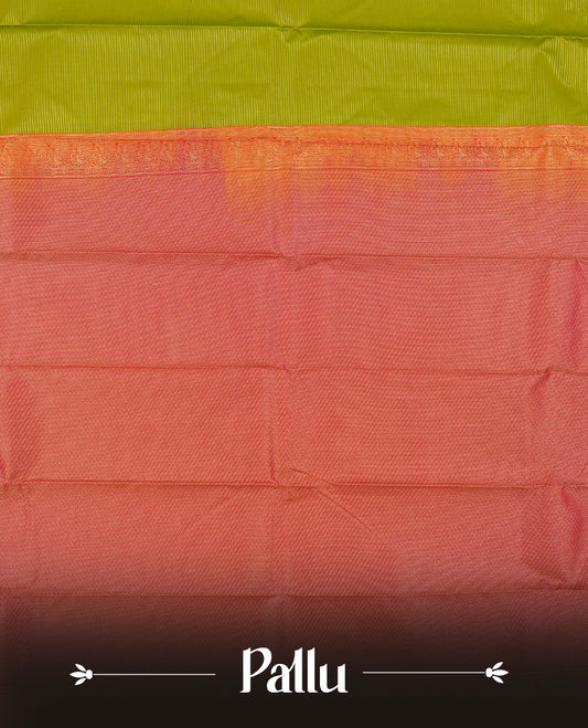 Lime green colour Semi Silk Saree with gold zari striped patterns on the body, paired with a contrasrich maroon traditional pallu and border, and a matching blouse piece.